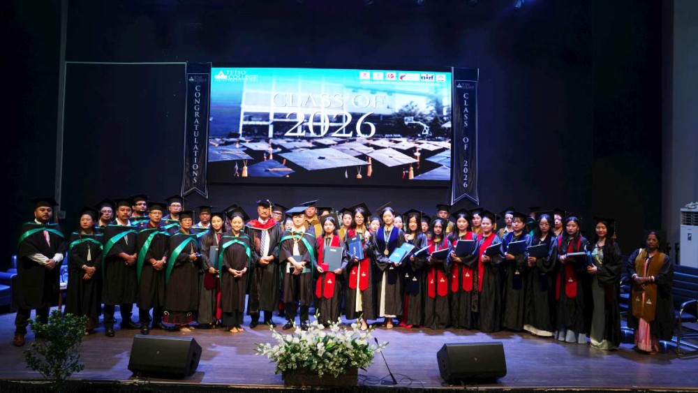 Rev Dr Wati Aier, faculty and students pose for a photo during the Convocation 2026 programme held at Lorin Hall, Tetso College in Chümoukedima on August 13. (Photo credit: Tetso College)